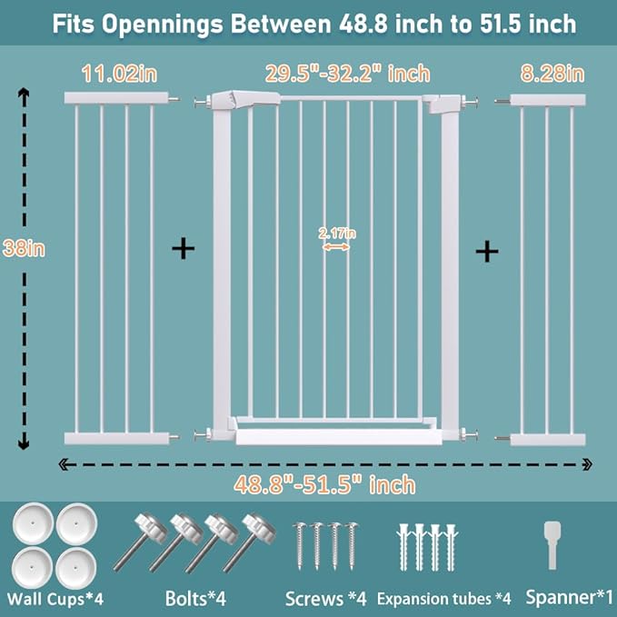 Fairy Baby 38" Extra Tall Cat Gate, 48.8"-51.5" Extra Wide Long Pet Gate, Metal Auto Close Safety Child Gate Indoor, Pressure Mounted Dog Gate Fence for Stairs Doorways Kid or Pet No Climb, White