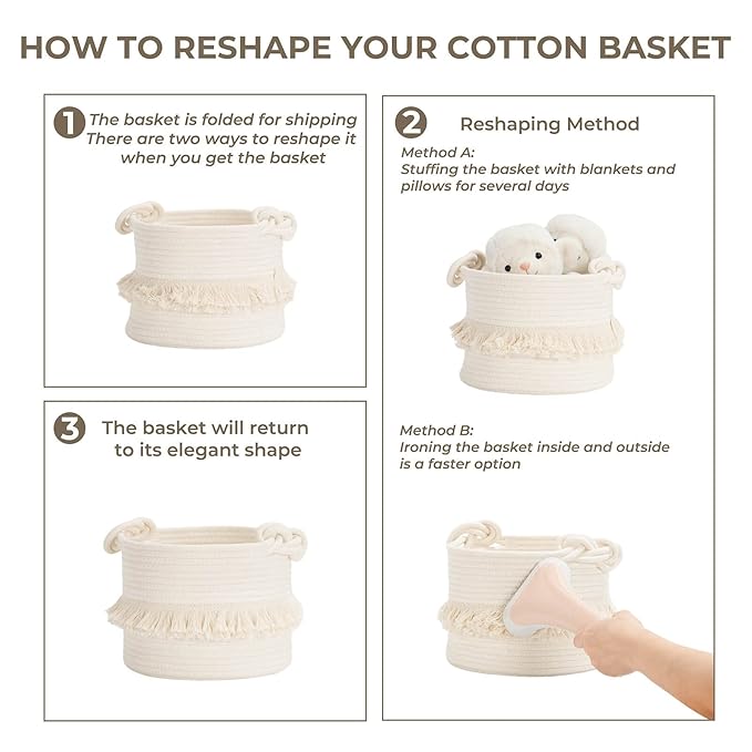 CherryNow Small Woven Storage Baskets, 9.5'' x 7'' inches Cotton Rope Decorative Hamper for Diaper, Blankets, Magazine and Keys, Cute Tassel Nursery Decor - Home Storage Container, Off-white