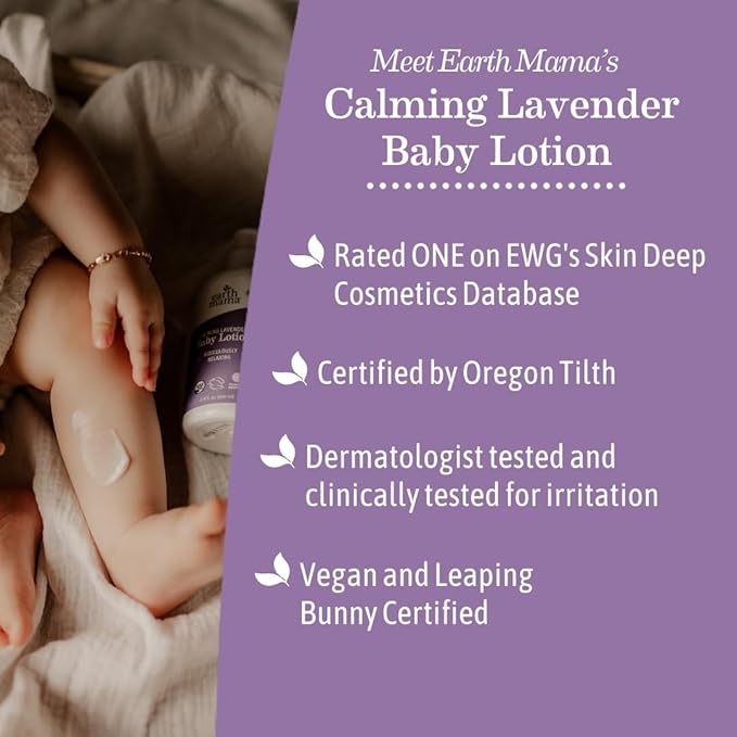 Earth Mama Calming Lavender Baby Lotion for Dry Skin, Calendula Cream for Newborn Skin Care, Organic Moisturizer for Children, Aloe Juice, Rooibos, & Shea Butter, Lavender Lotion, 8 Fl Oz (2Pk)