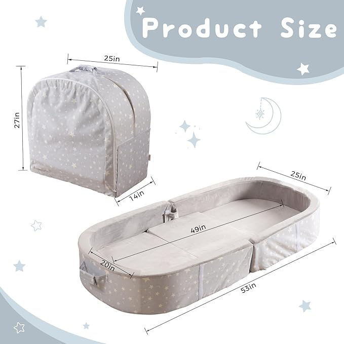 BYBYME Portable Toddler Travel Bed - Waterproof Foldable Floor Crib with Washable Fitted Sheet - Ideal Folding Toddler Cots for Sleeping and Sleepovers (Grey)
