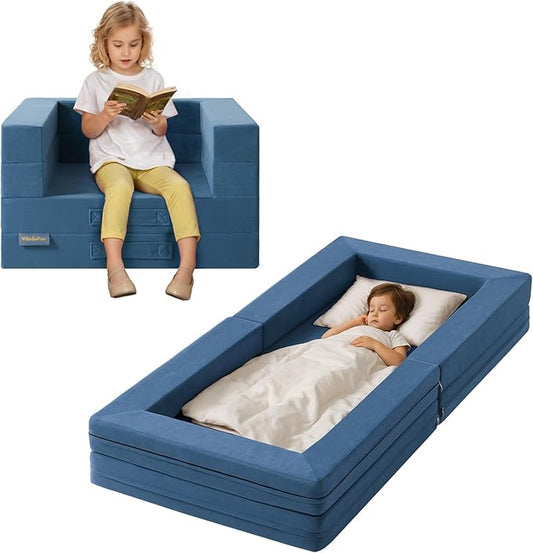 Travel Toddler Bed, 3-in-1 Convertible Sofa Bed for Toddler Portable Floor Beds, Flip Open Sofa Lounger for Girls and Boys, Made with High-Density Foam and Washable Cover,Blue