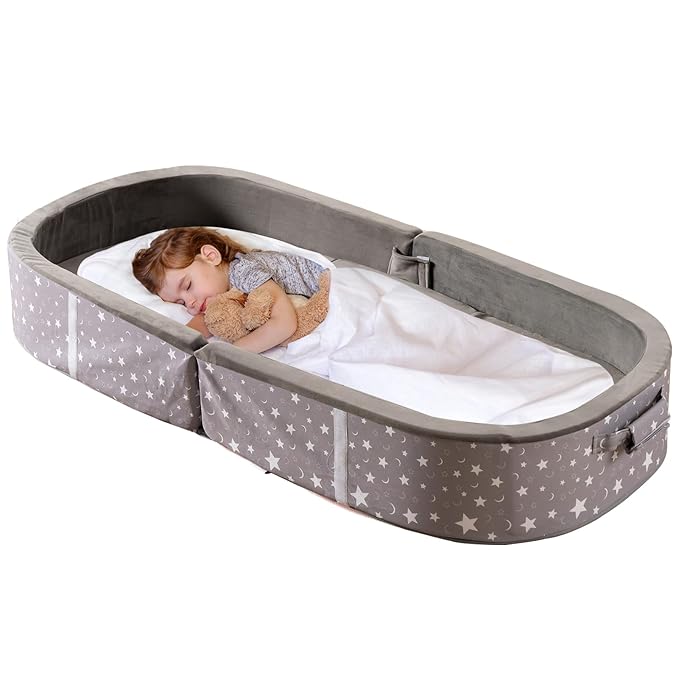 BYBYME Portable Toddler Travel Bed - Waterproof Foldable Floor Crib with Washable Fitted Sheet - Ideal Folding Toddler Cots for Sleeping and Sleepovers (Dark Grey)