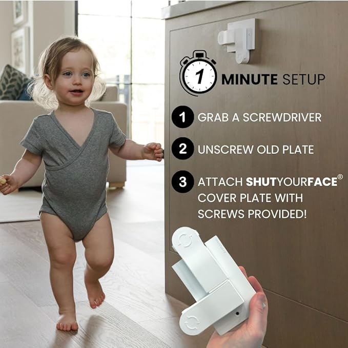 Geddy's Mom Shut Your Face Self-Closing Outlet Cover Plate System – Child Safety, Automatic Protection for 1-Screw Duplex Outlets, Easy Install, Award-Winning Baby Proofing Solution