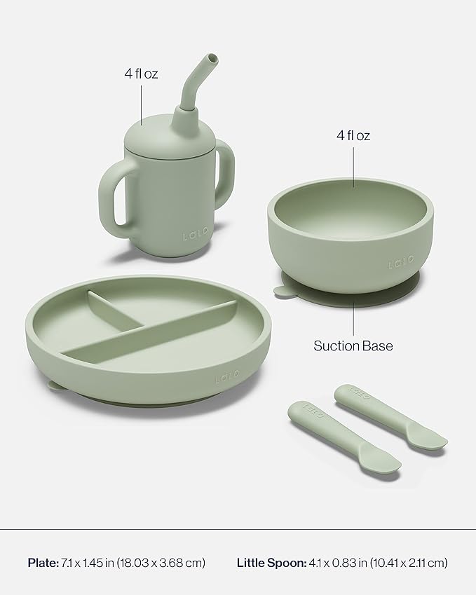 Lalo First Bites Silicone Baby Feeding Set - Baby Led Weaning Supplies - Non-Toxic Silicone - Includes 1 Bib, 2 Spoons, Training Cup, Suction Plate and Bowl - 6 Pieces - Sage