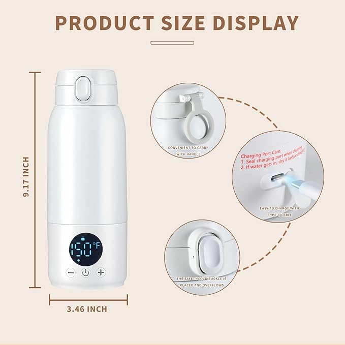 Portable Bottle Warmer for Travel–17oz Large Capacity,30W Fast Charging,Fast Heating for Breast Milk,Formula&Water–Travel Bottle Warmer for Baby,Perfect for Outdoor,Car& On-The-Go Use