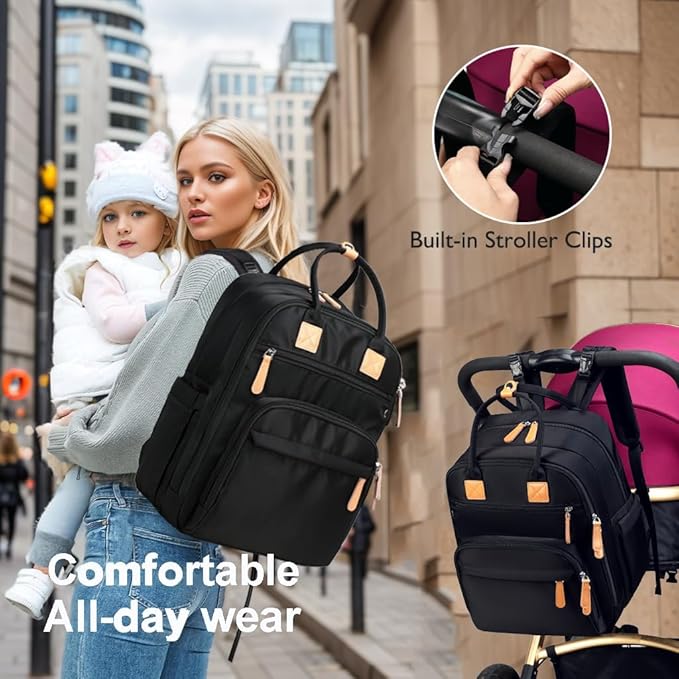 18 Pockets Diaper Bag Backpack with Waterproof Pockets and Stroller Buckle, Convertible Tote Bag (XL Black, Extra Large)