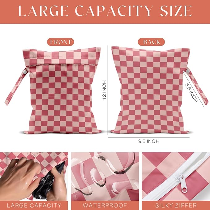 4 Pack Cute Wet Bag Waterproof Washable Reusable Wet Dry Bag for Swimsuit Dirty Clothes Diaper Travel Pool Yoga Gym Birthday Party Camping Toiletries Beach Essentials, Colorful Checkered