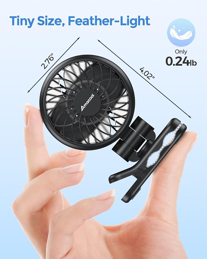AMACOOL Mini Baby Fan with Clip for Carrier/Baby Car Seat/Bassinet, 3-Speed Portable Fan, 10H Cooling Rechargeable, Ultra Light 0.24 lb, Safe Gaps, 360° Rotatable for Diaper Backpack Stroller Travel