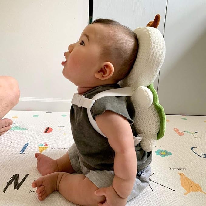 Bebamour Baby Walkers Head Protector Toddler Adjustable Baby Safety Pad Backpack Wear for Crawling with Safety Leash (White, Tortoise)