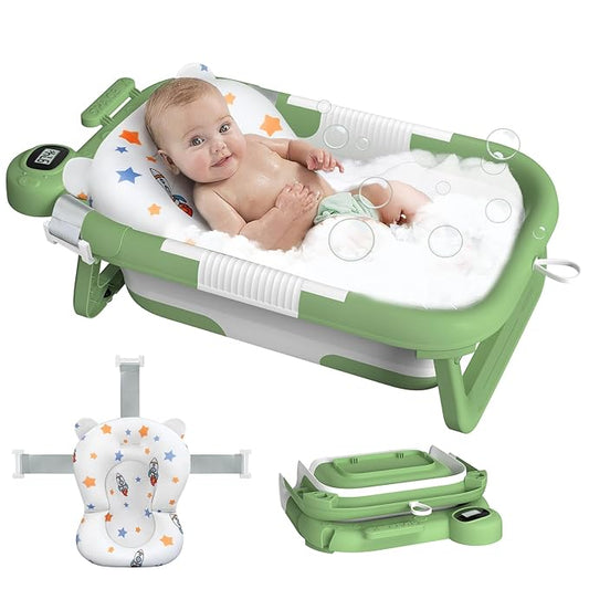 Collapsible Baby Bathtub, Baby Bath Tub for Newborn to Toddler with Floating Cushion for Bath Support, Portable Baby Tub for Infants with Temp Monitor, 0-36 Months Baby Bath Essentials, Green