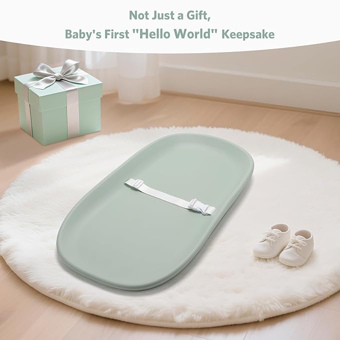 Waterproof Baby Changing Pad in EVA Foam, Wipeable & Quick Clean, Light & Portable, Adjustable Safety Belt & Non-Slip Base, for Diaper/Clothes Changes & Massage, Fits Dresser/Changing Table - Sage
