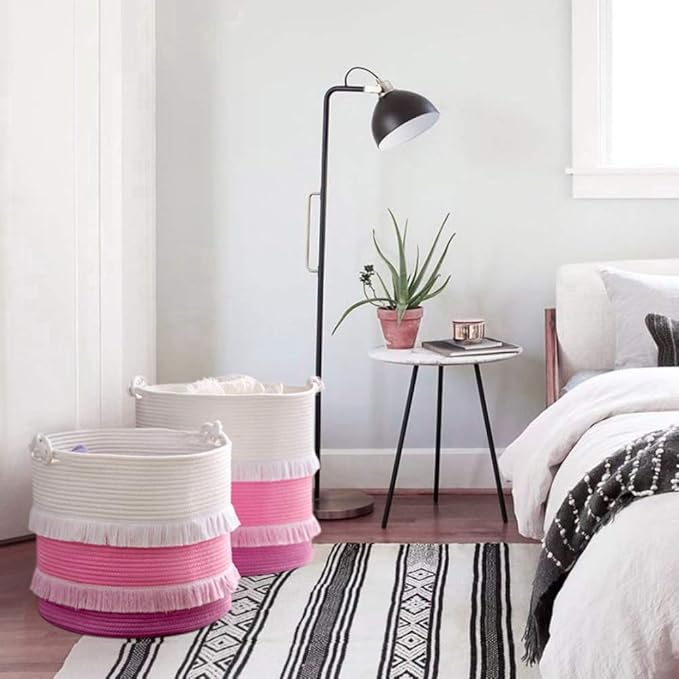 CherryNow Large Rope Basket – 16''x13'' Pink Decorative Woven Basket for Toys, Blankets, or Laundry, Cute Tassel Decor for Baby & Girl - Home Storage Container