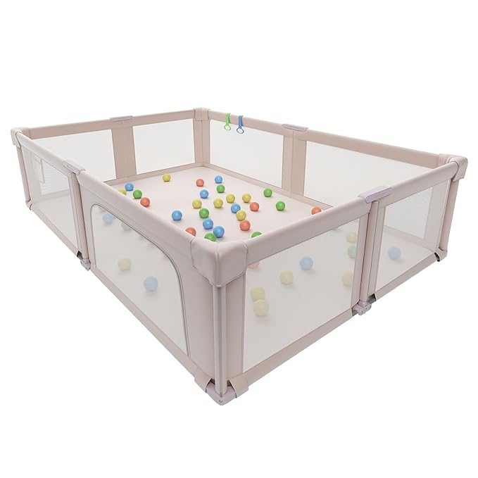 Foldable Playpen with Mat for Babies and Toddlers, 73" x 61" Baby Play Pen for Indoor & Outdoor, Playard with Soft Breathable Mesh, Pull-Link and Ocean Balls, Pink