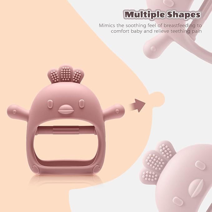 2 Packs Baby Teething Toy for 0-6 6-12 Months, Food Grade Silicone Teething Mitten and Silicone Rudder with Wooden Ring, BPA-Free, Baby Chew Toys for Sucking Needs