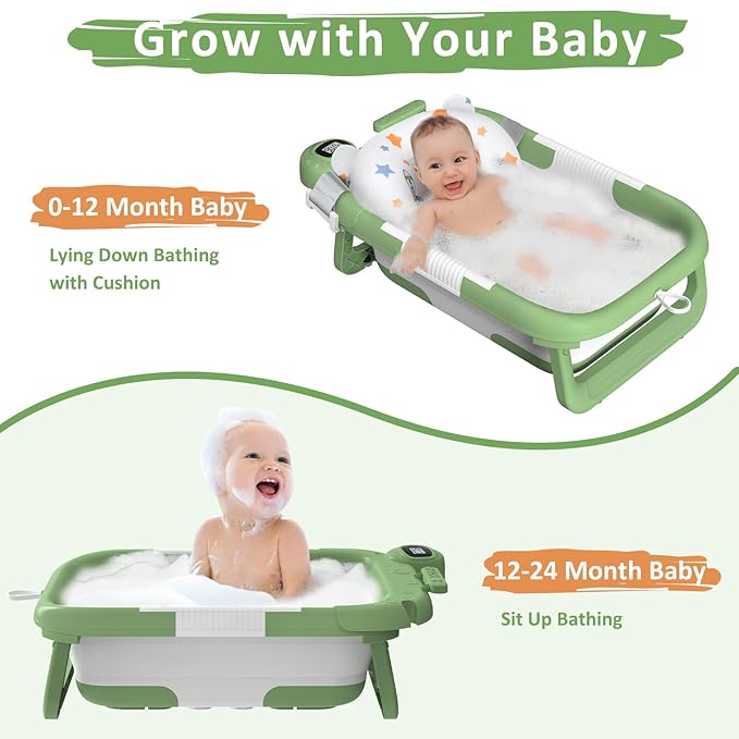 Collapsible Baby Bathtub, Baby Bath Tub for Newborn to Toddler with Floating Cushion for Bath Support, Portable Baby Tub for Infants with Temp Monitor, 0-36 Months Baby Bath Essentials, Green