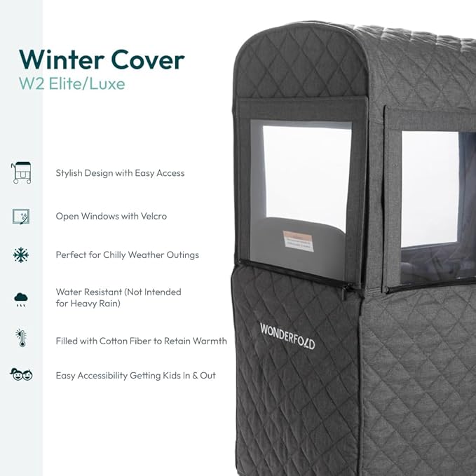 WONDERFOLD Cold Weather Shield Stroller Cover for Winter Made of Premium Breathable Cationic Fabric Filled with Cotton for Warmth, Hook-and-Loop Window Openings (Fits Only W2 Elite/Luxe)
