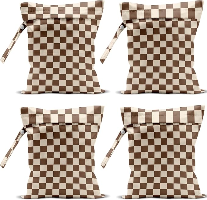 4 Pack Cute Wet Bag Waterproof Washable Reusable Wet Dry Bag for Swimsuit Clothes Cloth Diaper Travel Beach Pool Yoga Gym Thanksgiving Party Camping Toiletries Travel Beach Essentials,Brown Checkered