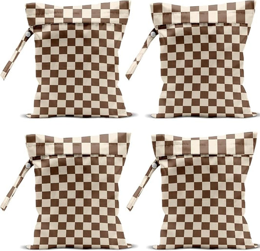 4 Pack Cute Wet Bag Waterproof Washable Reusable Wet Dry Bag for Swimsuit Clothes Cloth Diaper Travel Beach Pool Yoga Gym Thanksgiving Party Camping Toiletries Travel Beach Essentials,Brown Checkered