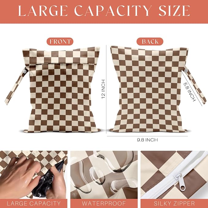4 Pack Cute Wet Bag Waterproof Washable Reusable Wet Dry Bag for Swimsuit Clothes Cloth Diaper Travel Beach Pool Yoga Gym Thanksgiving Party Camping Toiletries Travel Beach Essentials,Brown Checkered