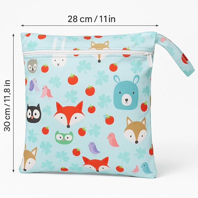 Waterproof Wet Dry Bag, Reusable Diaper Pouch with Zipper, Machine Washable Travel Organizer for Beach, Daycare, Kids, Dinosaur Pattern (Red Fox)