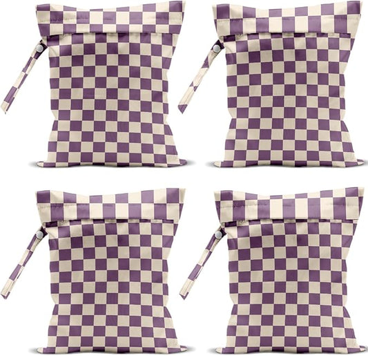 4 Pack Cute Wet Bag Waterproof Washable Reusable Wet Dry Bag for Swimsuit Clothes Cloth Diaper Travel Beach Pool Yoga Gym Birthday Party Camping Toiletries Travel Beach Essentials, Purple Checkered