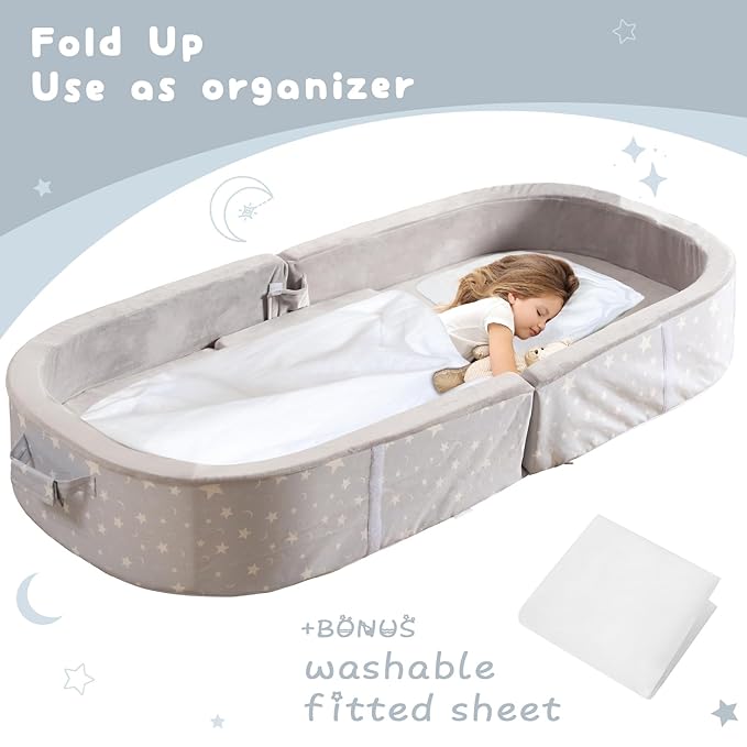 BYBYME Portable Toddler Travel Bed - Waterproof Foldable Floor Crib with Washable Fitted Sheet - Ideal Folding Toddler Cots for Sleeping and Sleepovers (Grey)