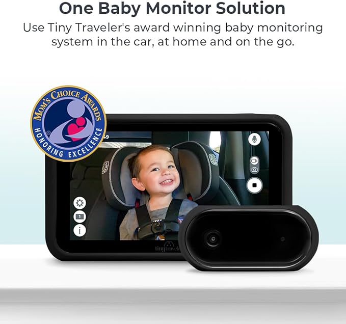 Tiny Traveler 5” HD Touch Screen Baby Car Monitor – Hackproof, No WiFi Baby Camera for Travel and Home, Night Vision, Headrest or Clamp Mount, Baby Reminder Alert - Black