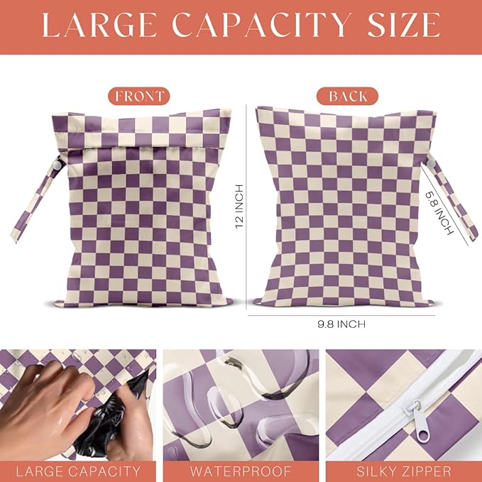 4 Pack Cute Wet Bag Waterproof Washable Reusable Wet Dry Bag for Swimsuit Dirty Clothes Diaper Travel Pool Yoga Gym Christmas Birthday Party Camping Toiletries Beach Essentials, Colorful Checkered