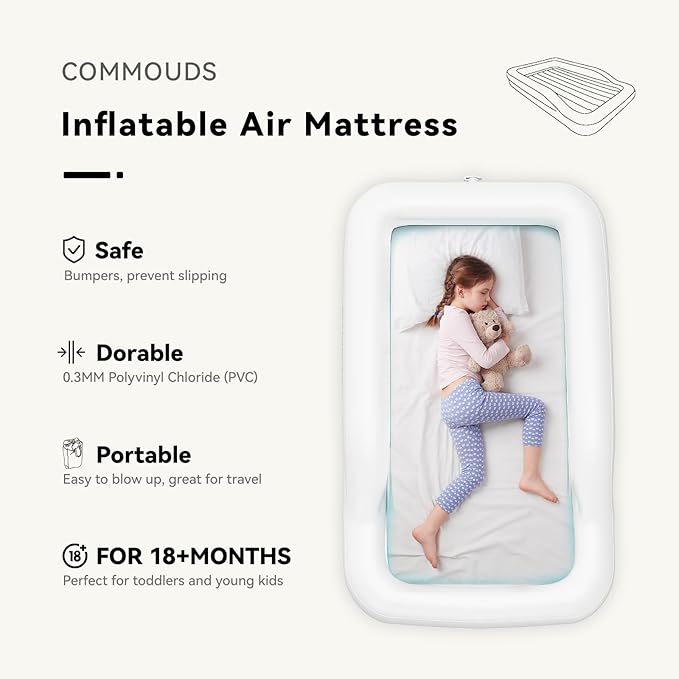 COMMOUDS Portable Toddler Travel Bed with Safety Bumpers, Inflatable Kids Air Mattress with Electric Pump, Baby Blow up Mattress, for Grandma's Home Camping Vacation