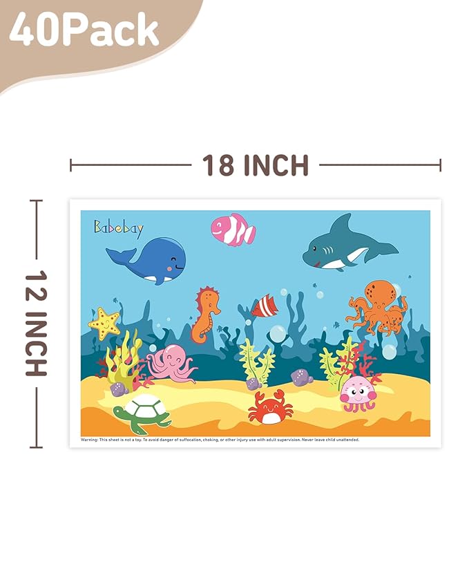 Disposable Stick-on Placemats 40 Pack for Baby & Kids, Toddler Placemats in Reusable Pouch 12" x 18" (Blue Ocean Life)
