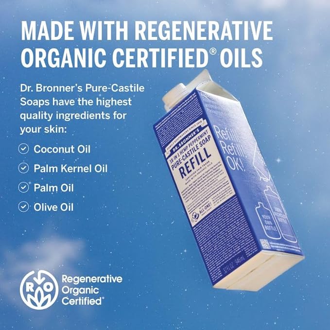 Dr. Bronner's Pure-Castile Liquid Magic Soap Bottle & Refill Carton - Made with Regenerative Organic Certified Oils- 18-in-1 Uses for Face, Body Wash, Hand Soap Refill- Peppermint, 32oz