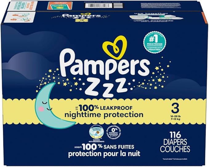 Pampers ZZZ Overnight Diapers, Size 3 (16-28 lbs), 116 Count, Nighttime Protection Disposable Baby Diaper, Night Time Leak and Skin Protection