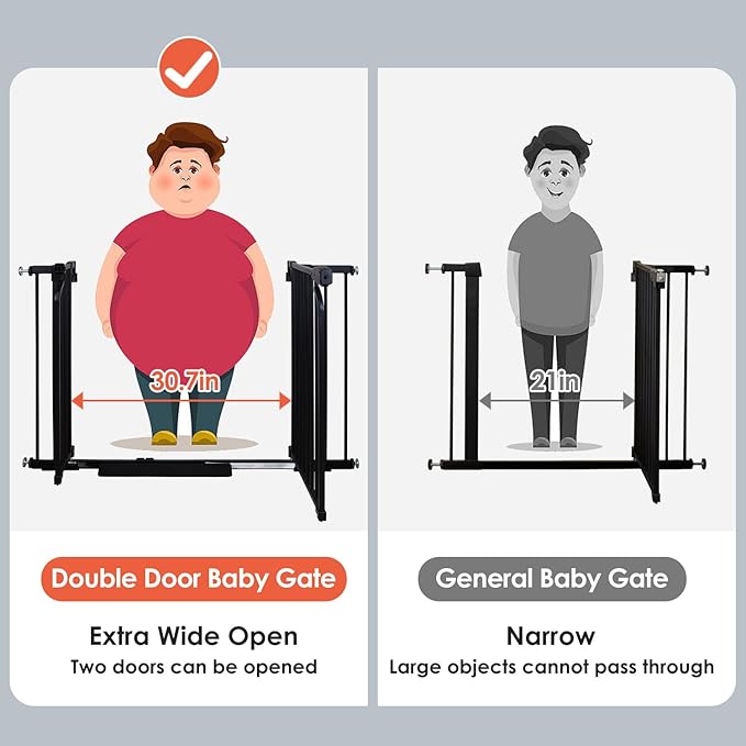 Beberoad Love Double Door Baby Gate for Stairs and Doorways, Pressure Mounted Dog Pet Gate, Extra Wide 37.4"-48.26" Auto-Close Walk Thru Baby Pet Safety Gate, Includes 2-Pack Extension Kit No Drilling