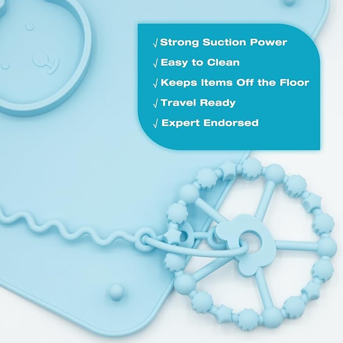 2 Pack Baby Silicone Mat with Suction Base and 4 Stretchable Straps, 6 Strong Suction Cups, Baby Placemats, Activity Mat for Infants to Toddlers, Keeps Babies Essentials Off The Floor Green Blue