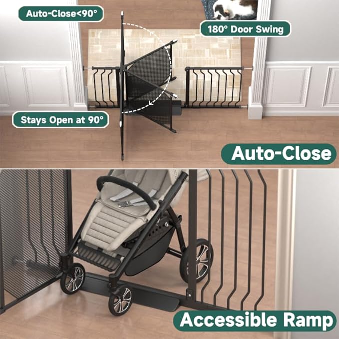 29.5"-60.5" Extra Wide Metal Mesh Baby Gate for Stairs & Doorways - Auto Close, Pressure Mounted 30.5" Tall, Easy Install, No Drilling - Child Satety Gate for Babies, Pet Gate for Dogs, Black