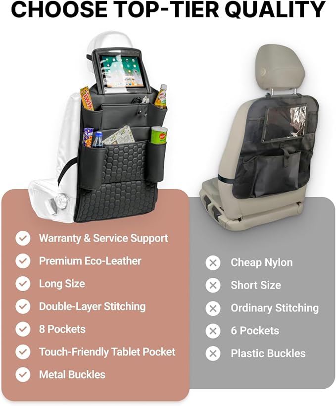 Owleys Back of Seat Organizer for Kids with Transparent Tablet Pocket & 8 Compartments | 27.5"x18.5" | Black Travel Accessory for SUV, Truck, Sedan, Van, Jeep