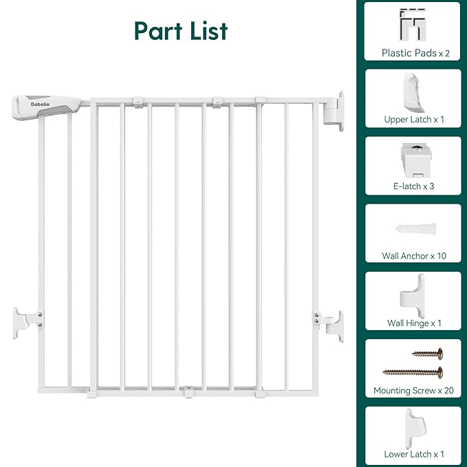 Babelio Baby Gate for Stairs, Kitchen & Doorways, 26-41" W 28" H No Bottom Bar| Easy Installation| One-Handed Operation| Auto-Close| Hardware Mount Safety Dog/Pet Gate Indoor (White)