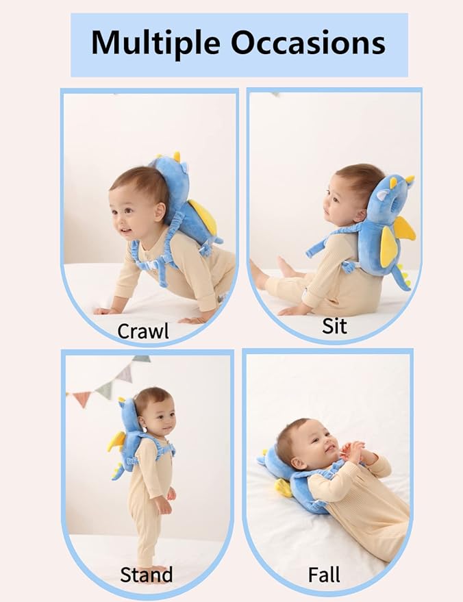 JunNeng Baby Head Protector Backpack, Toddler Walking Fall Head Protection, Blue Dinosaur