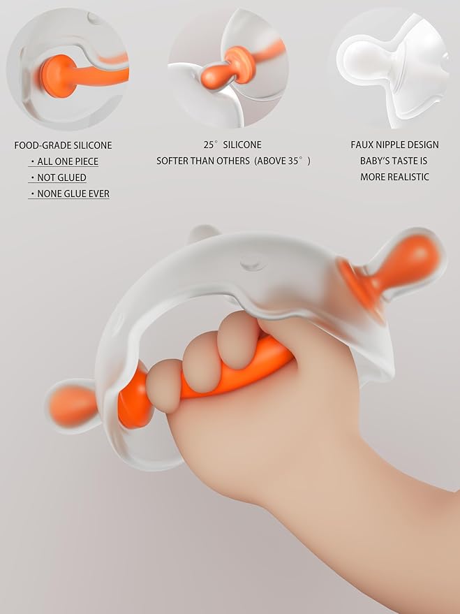 Baby chew Toy,Teether,Suitable for Baby Teething Toys Aged 0-6 and 6-12 Months,Cute and Fun Dinosaur Design,Food Grade Silicone, BPA Free, one-Piece Easy to Grip(Orange White)