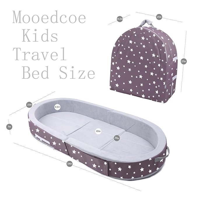 Mooedcoe Portable Foldable Toddler Travel Bed with Sides, Folding Toddler Bed for Travel Kid Foam Sleeping Cot for Children 18M – 5yr Old (Round, Star)