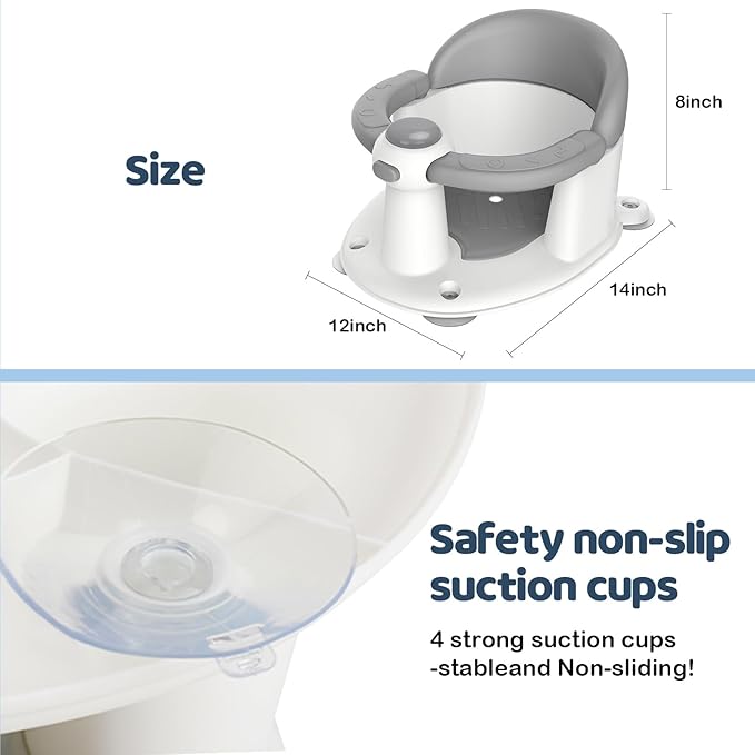 Baby Bath Seat for Babies 6 Months & up, Soft Cushion, Non-Slip Baby Bath Seat, Safe & Comfortable Baby Bath Support, for Bathtub/Living Room/Shower Room (Grey)