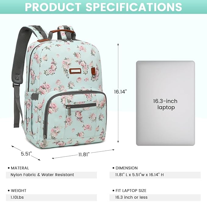 Diaper Bag Backpack, Large Baby Nappy Bags with Portable Changing Pad for Boys and GirlsMultifunction Travel Baby Bag for Moms Dads, Shower Gifts Waterproof and Stylish,Flower Green