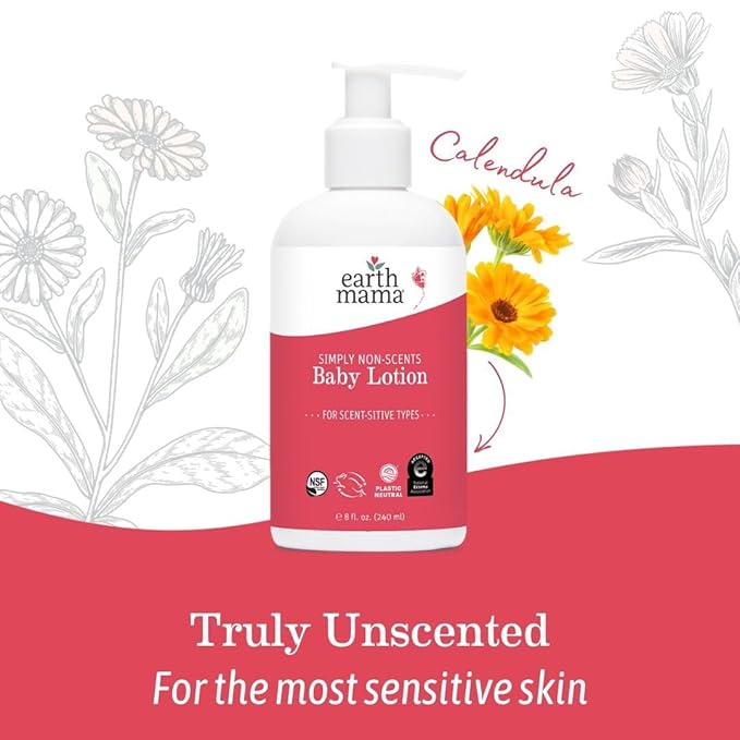 Earth Mama Simply Non-Scents Baby Lotion for Dry Skin, Calendula Cream, Skin Care for Kids, Organic Moisturizer, Unscented Lotion with Aloe, Rooibos, & Shea Butter, 8-Fl oz