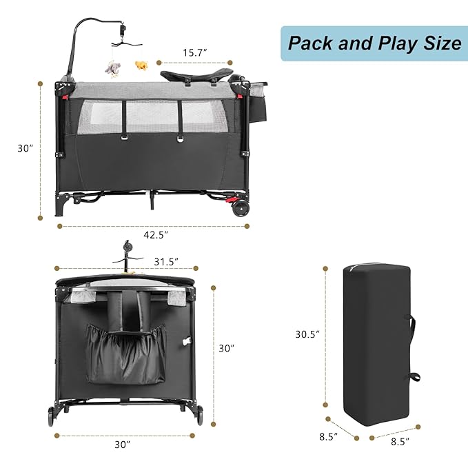 5-in-1 Pack and Play, Baby Bassinet Bedside Sleeper with U-Shaped Diaper Changer, Portable Toddler Playard for Newborn Toddlers, Baby Crib with 4 Adjustable Height, Carry Bag,Easy to Install (Black)
