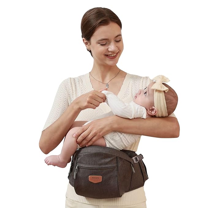Sunveno Hip Baby Carrier with Seat,Ergonomic Baby Hip Carrier, Front-Facing Baby Holder, Anti-Slip Seat Surface, Wide and Adjustable Waistband, Multiple Pockets, Newborn to Toddler up to 45lbs, Grey