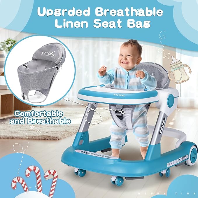 Baby Walker with Wheels 4 in 1 Foldable Activity Center with Mute Wheels Adjustable Heights Anti-Fall Activity Center for Boys Girls Safe Infant Toddler Walker with Footrest for 6-24 Months
