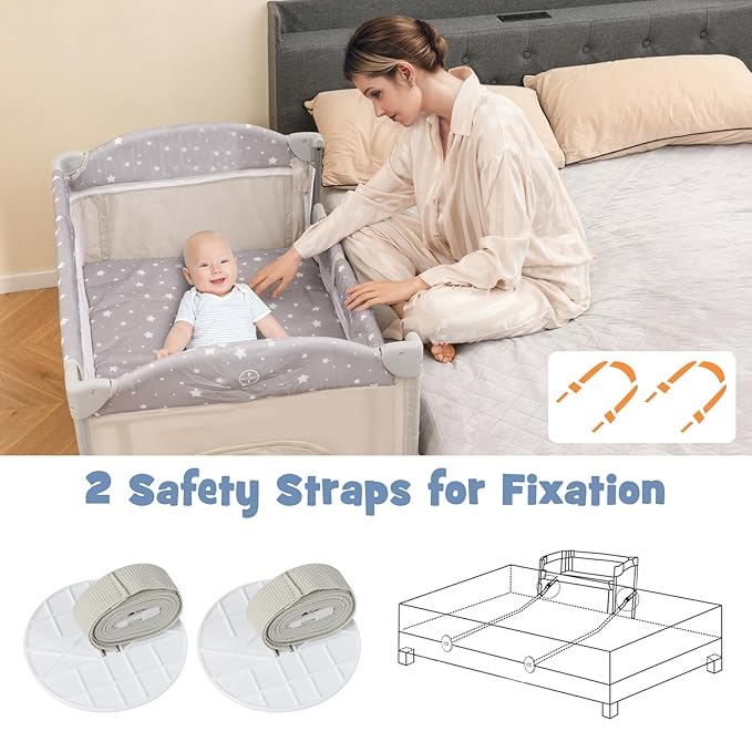 BABY JOY 5-in-1 Pack and Play, Portable Baby Bedside Sleeper with Bassinet, U-Shaped Diaper Changer, Safety Strap, Side Zipper Entrance, Hangings, Bedside Crib Playard from Newborn to Toddlers (Beige)
