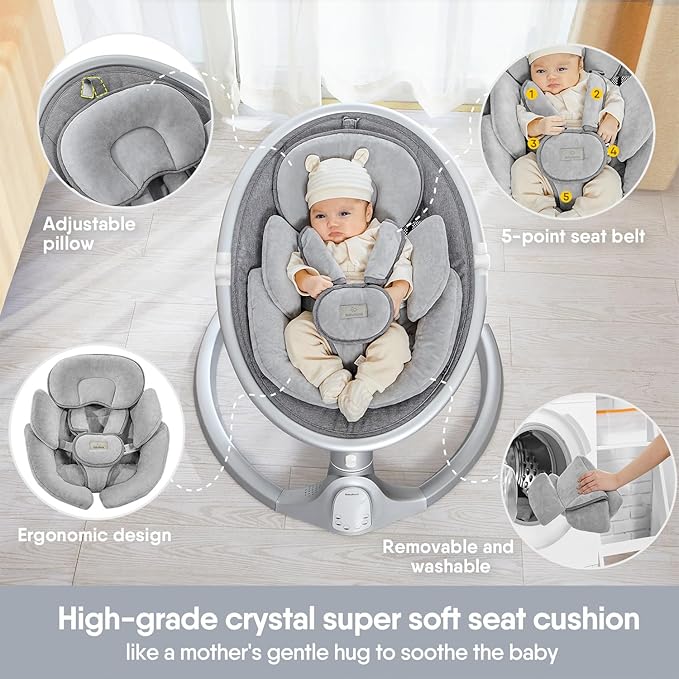 BabyBond Baby Swings for Infants, Bluetooth Infant Swing with 3 Seat Positions, 5 Natural Sway Motion and 5-Point Harness, Portable Baby Swing for Indoor and Outdoor, Silver