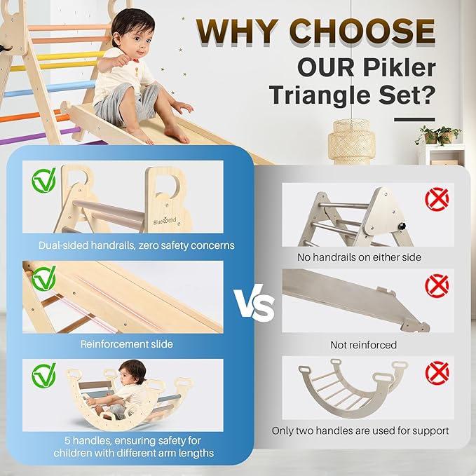 BlueWood Pikler Triangle Set 7in1 Foldable Baby Climbing Toys Wooden Montessori Climbing Set with Arch&Ramp&Ladder Baby Climber Indoor Jungle Gyms for Toddlers Montessori Toys - Mauve Pink