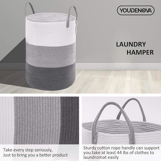 YOUDENOVA Woven Rope Laundry Hamper Basket, 58L Tall Luandry Basket, Baby Nursery Hamper for Blanket Storage, Clothes Hampers for Laundry in Bedroom-Large-Dark Grey